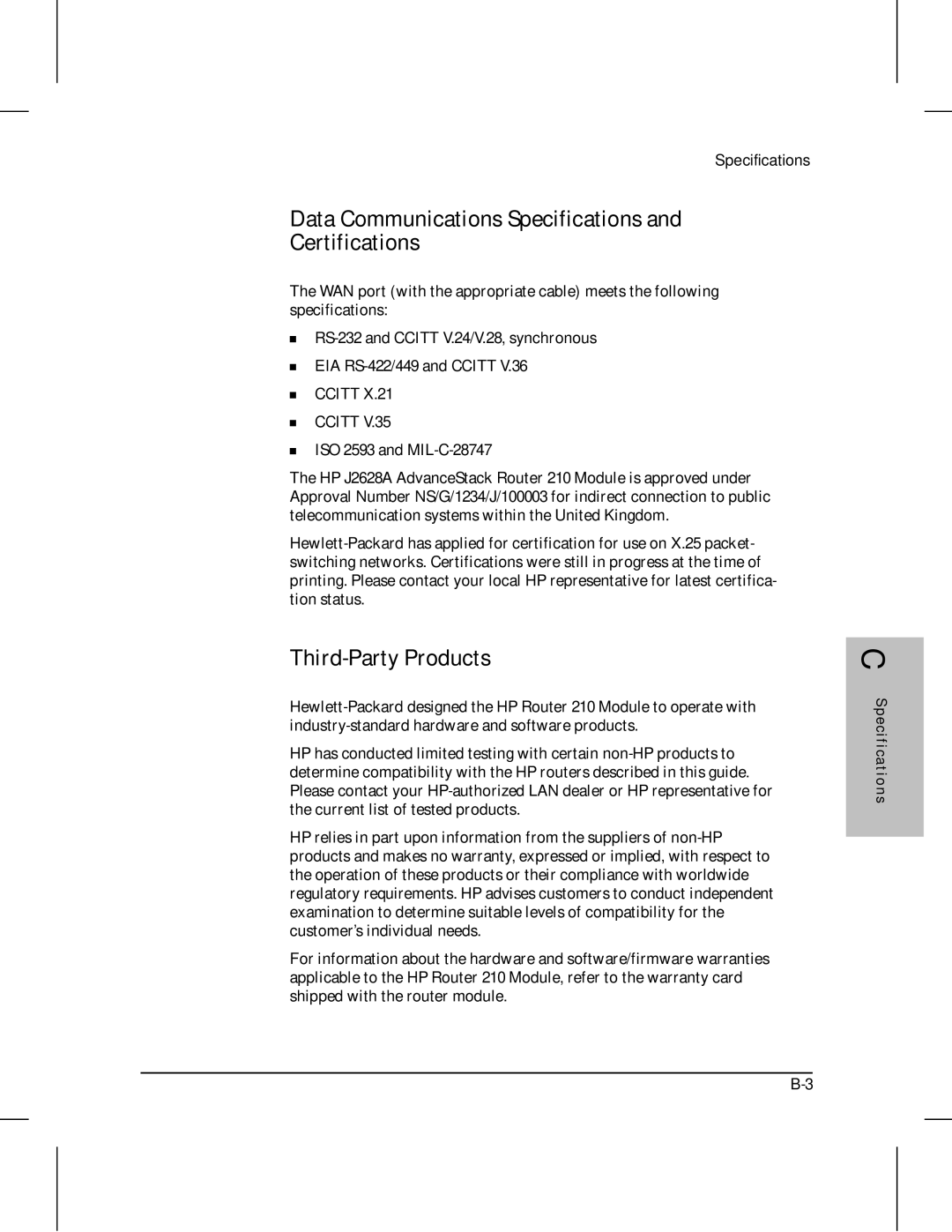 HP 210 manual Data Communications Specifications and Certifications, Third-Party Products 