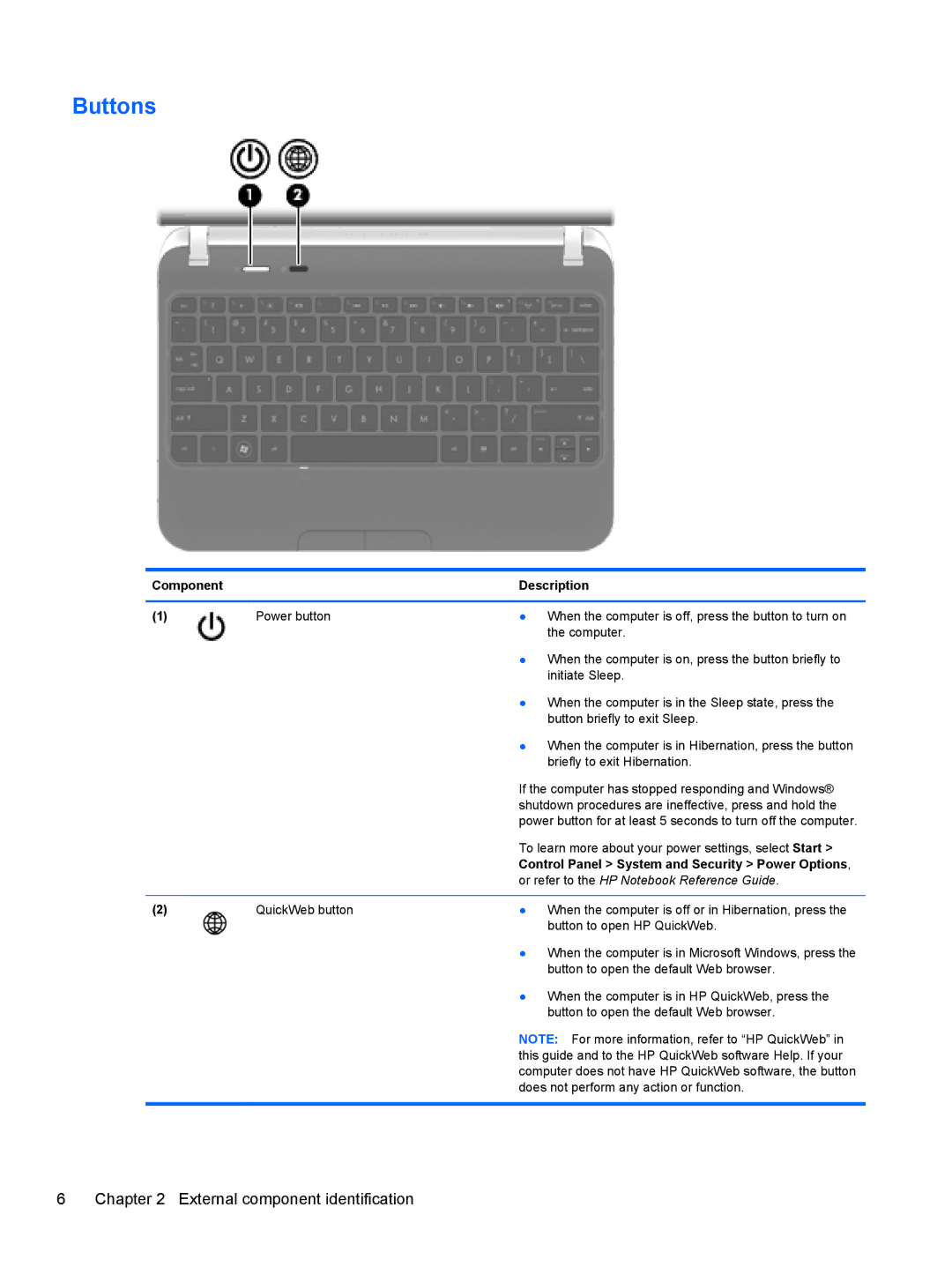 HP 210 manual Buttons, Or refer to the HP Notebook Reference Guide 