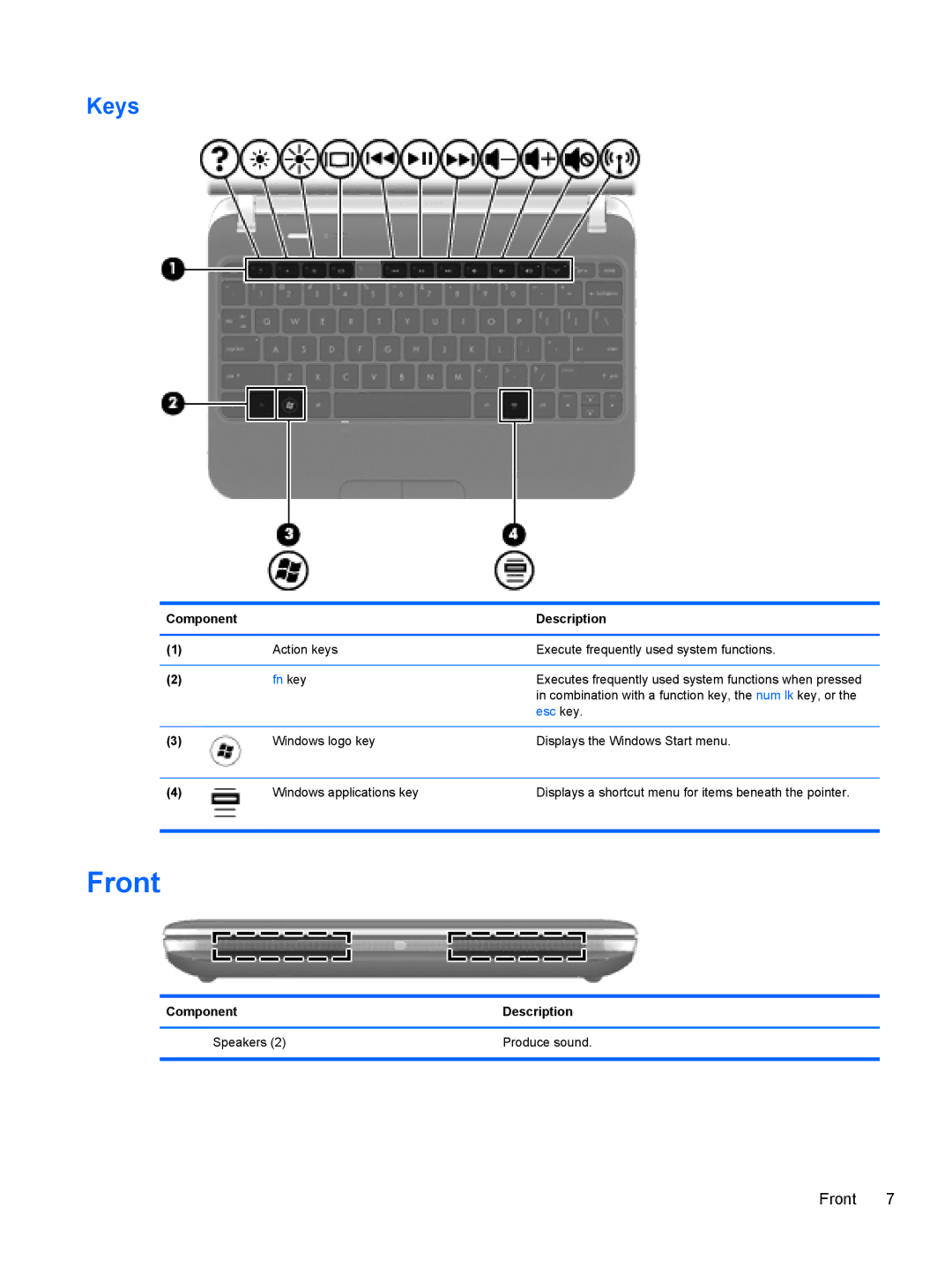 HP 210 manual Front, Keys, Component Description Speakers Produce sound 
