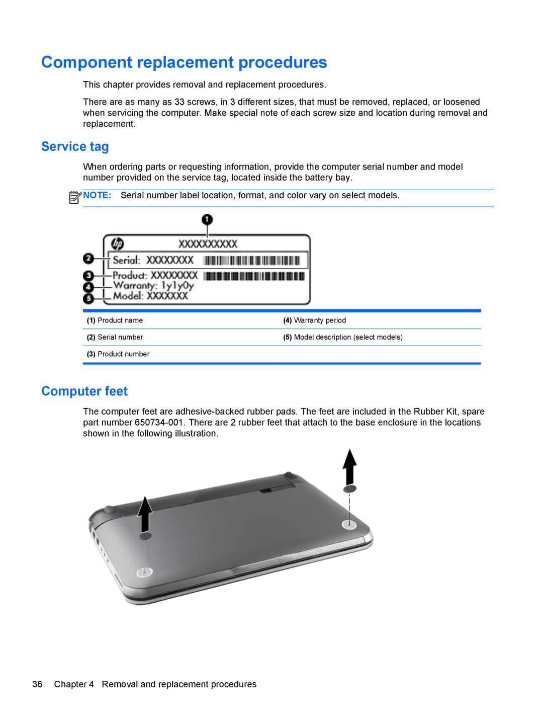 HP 210 manual Component replacement procedures, Service tag, Computer feet 