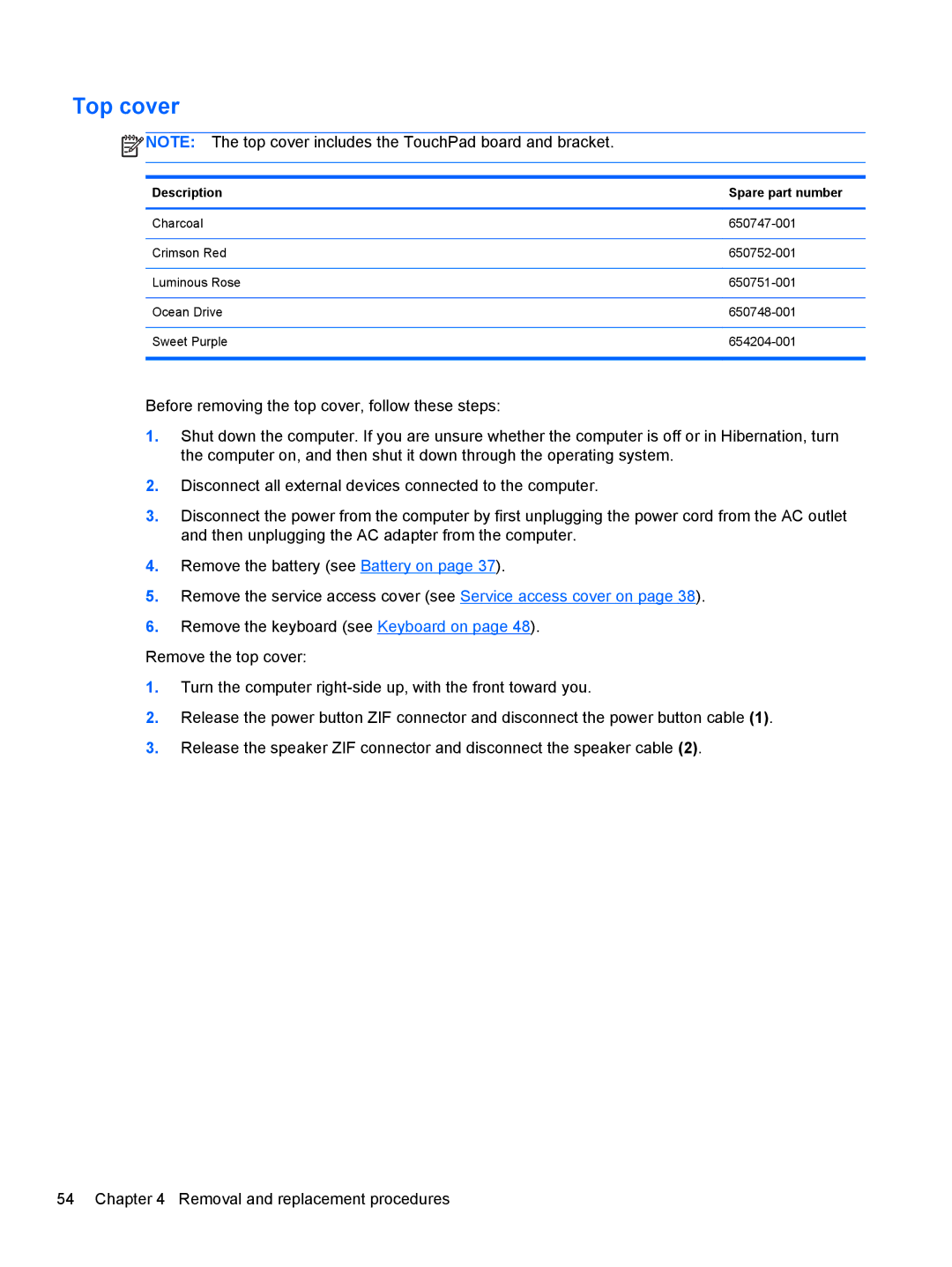 HP 210 manual Top cover, Description Spare part number 