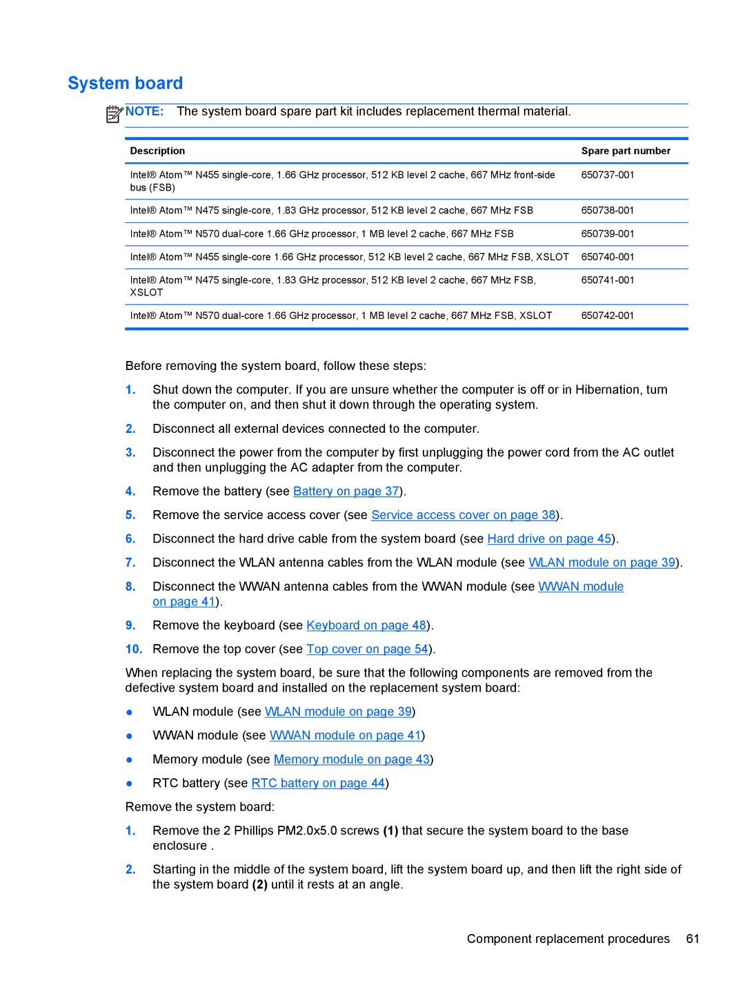 HP 210 manual System board, Description Spare part number 