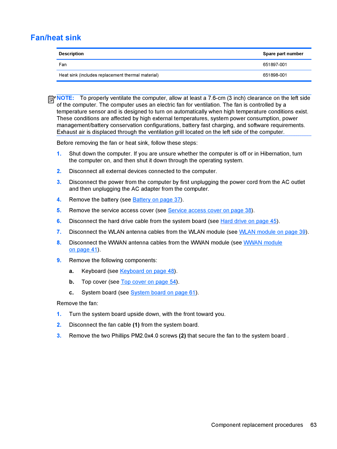 HP 210 manual Fan/heat sink 