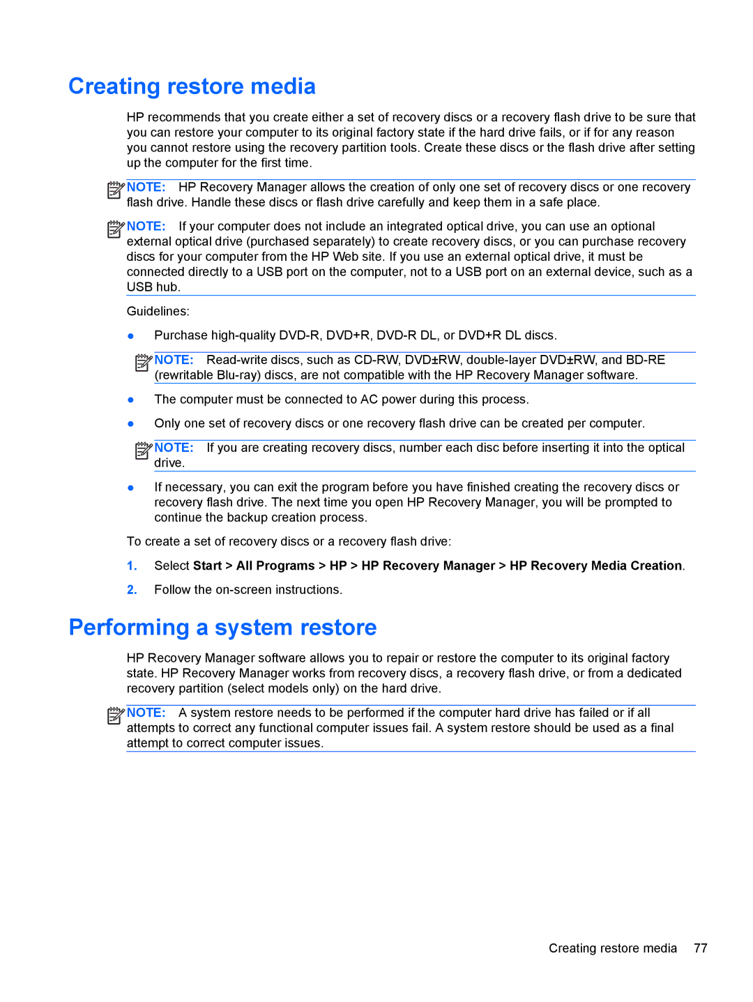 HP 210 manual Creating restore media, Performing a system restore 