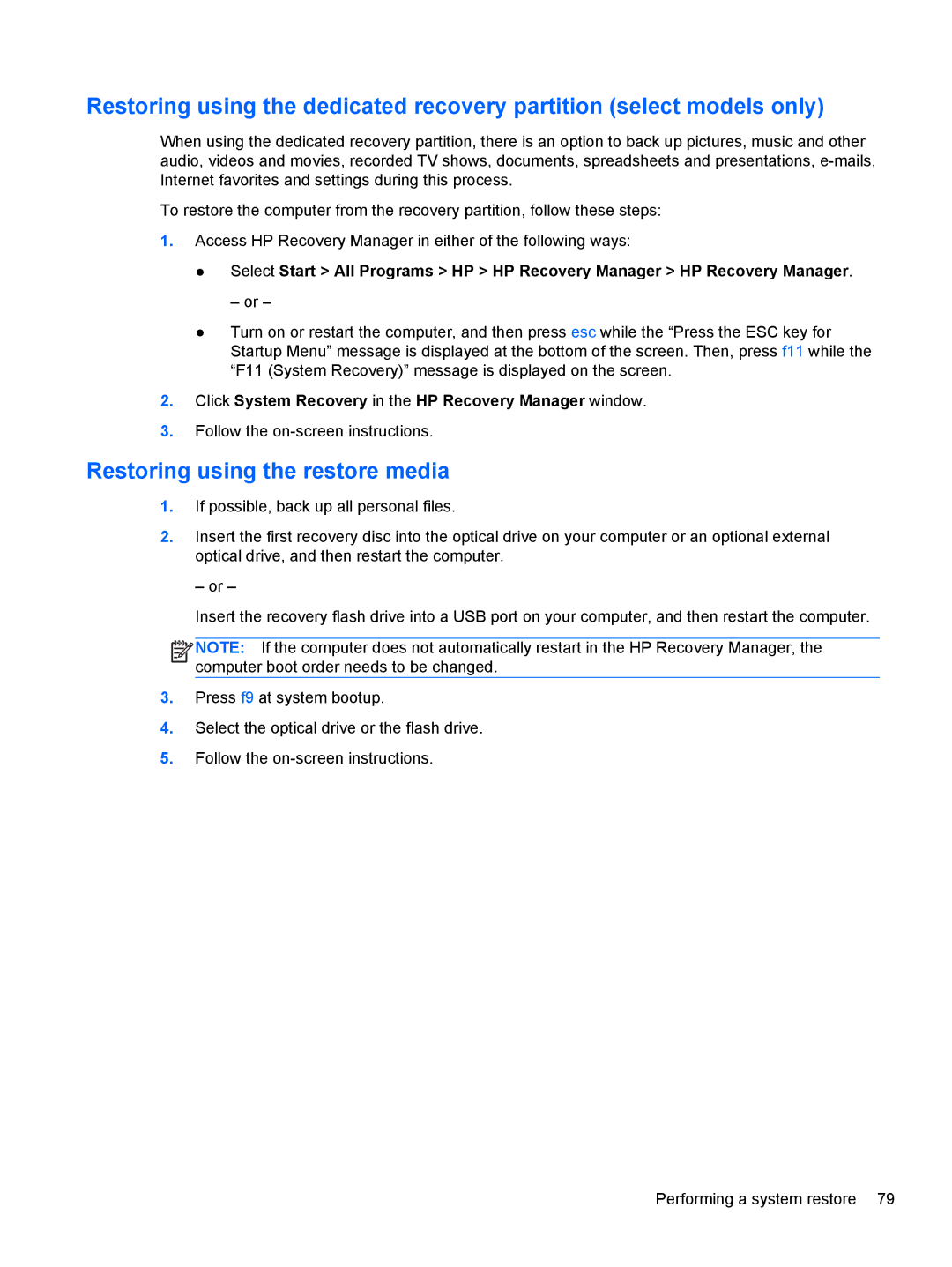 HP 210 manual Restoring using the restore media 