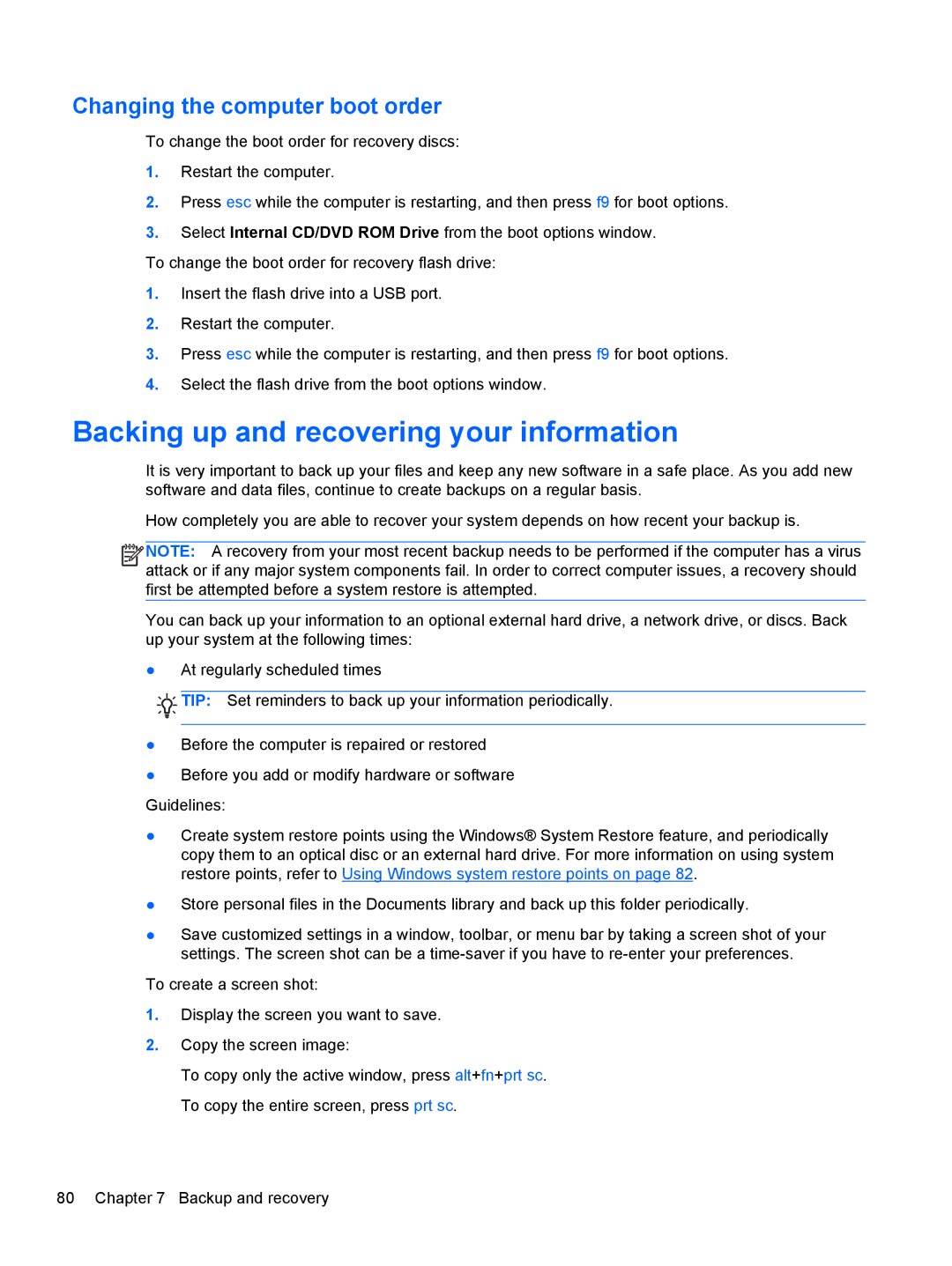 HP 210 manual Backing up and recovering your information, Changing the computer boot order 