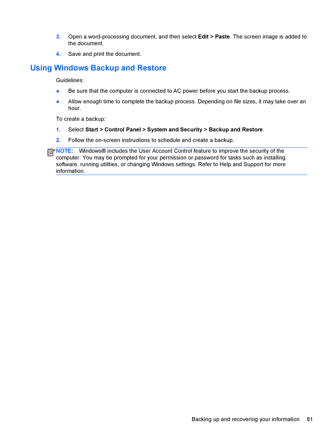 HP 210 manual Using Windows Backup and Restore 