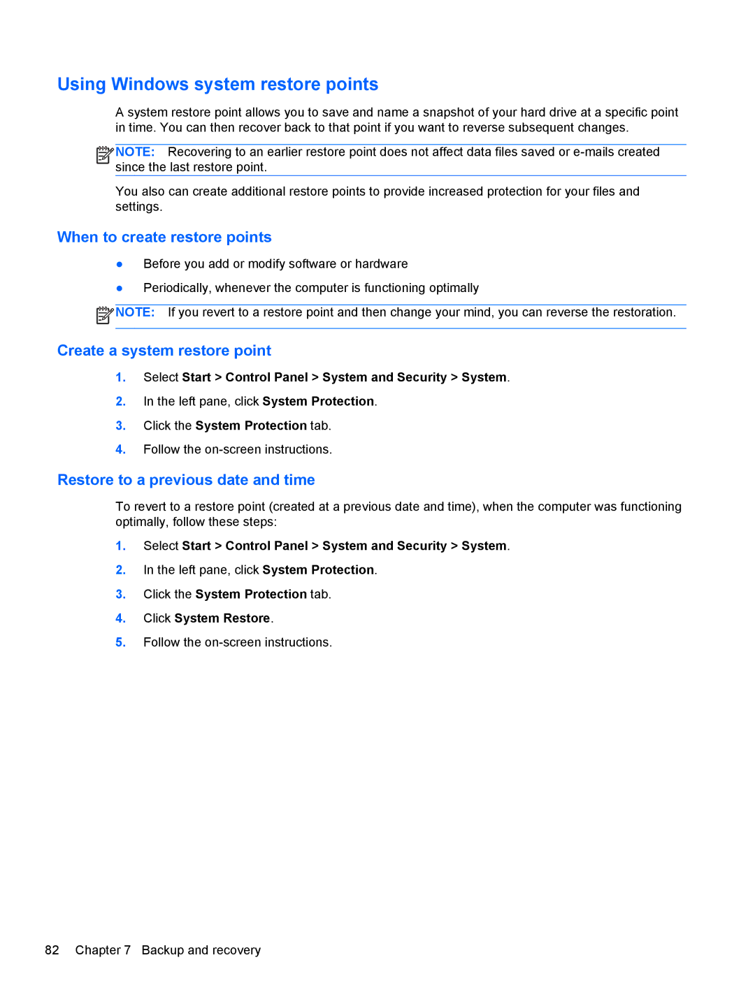 HP 210 manual Using Windows system restore points, When to create restore points 