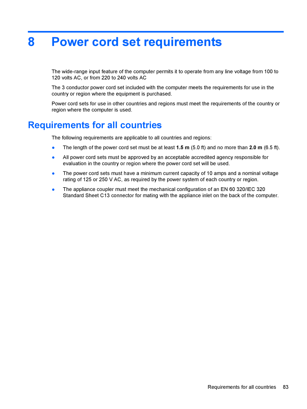 HP 210 manual Power cord set requirements, Requirements for all countries 