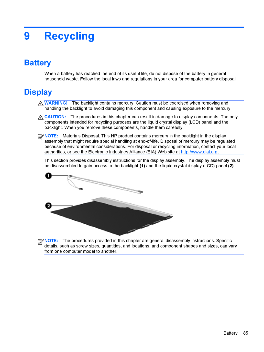 HP 210 manual Recycling, Battery 