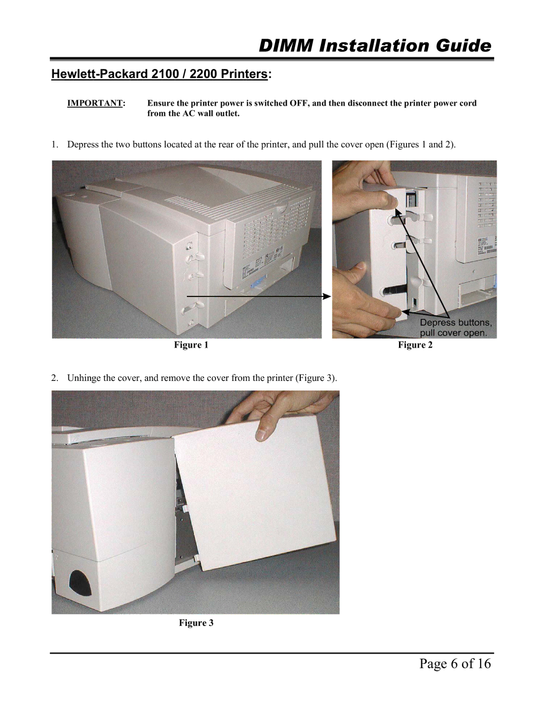 HP 2100 2200 manual Dimm Installation Guide, Hewlett-Packard 2100 / 2200 Printers 