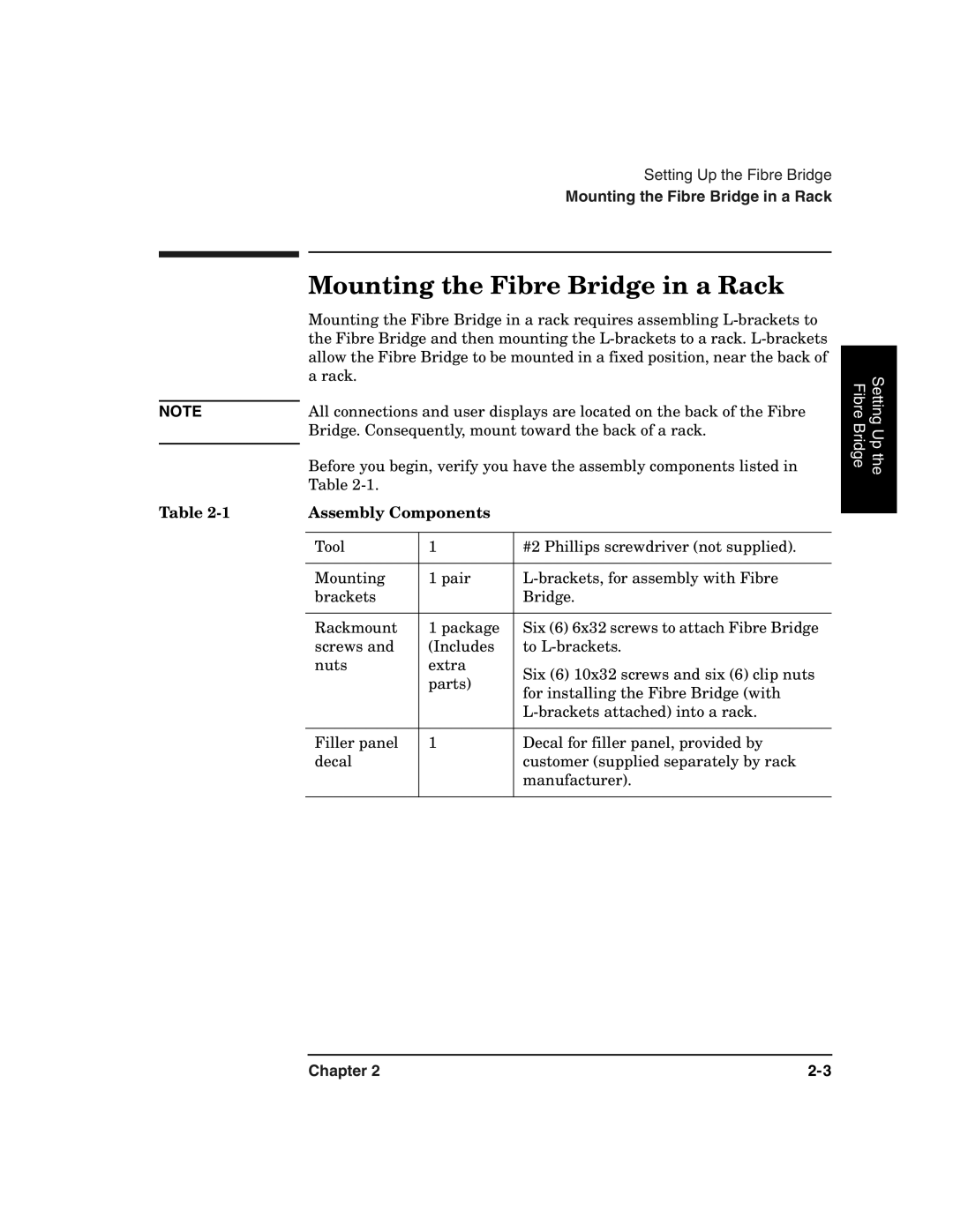 HP 2100 ER manual Mounting the Fibre Bridge in a Rack, Assembly Components 