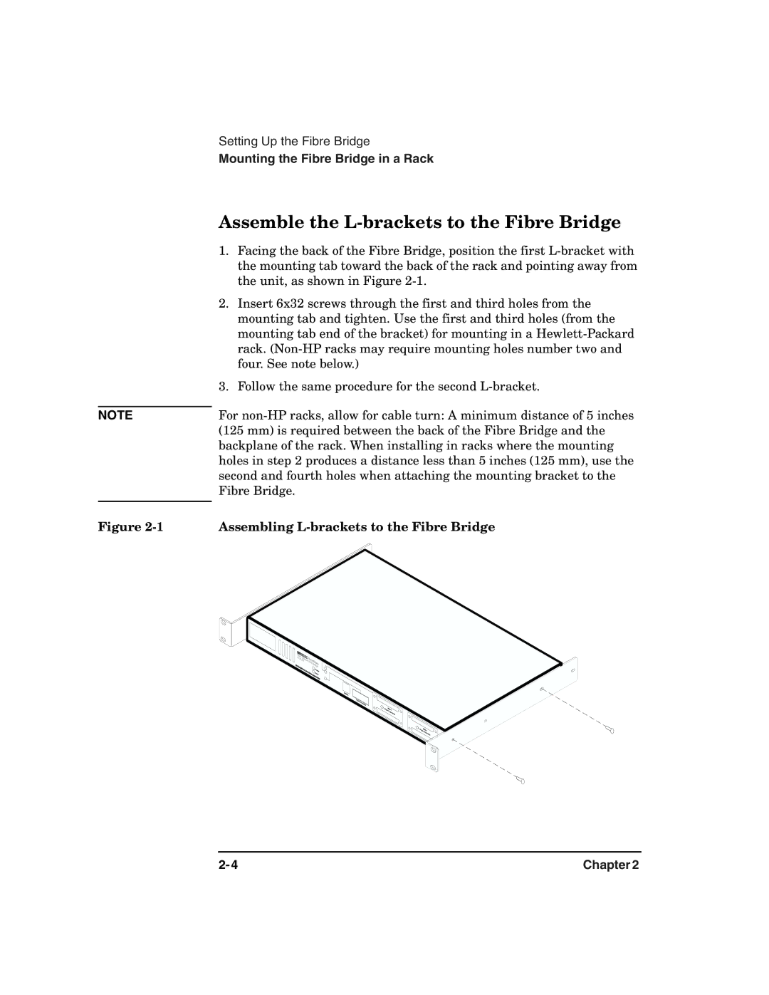 HP 2100 ER manual Assemble the L-brackets to the Fibre Bridge, Assembling L-brackets to the Fibre Bridge 