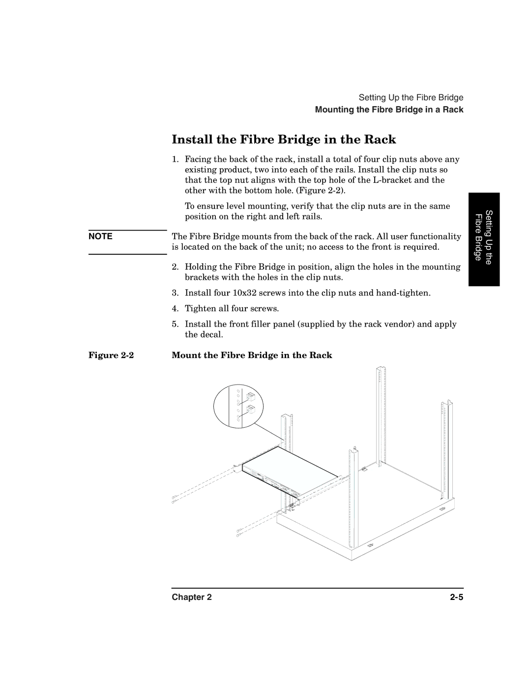 HP 2100 ER manual Install the Fibre Bridge in the Rack, Mount the Fibre Bridge in the Rack 