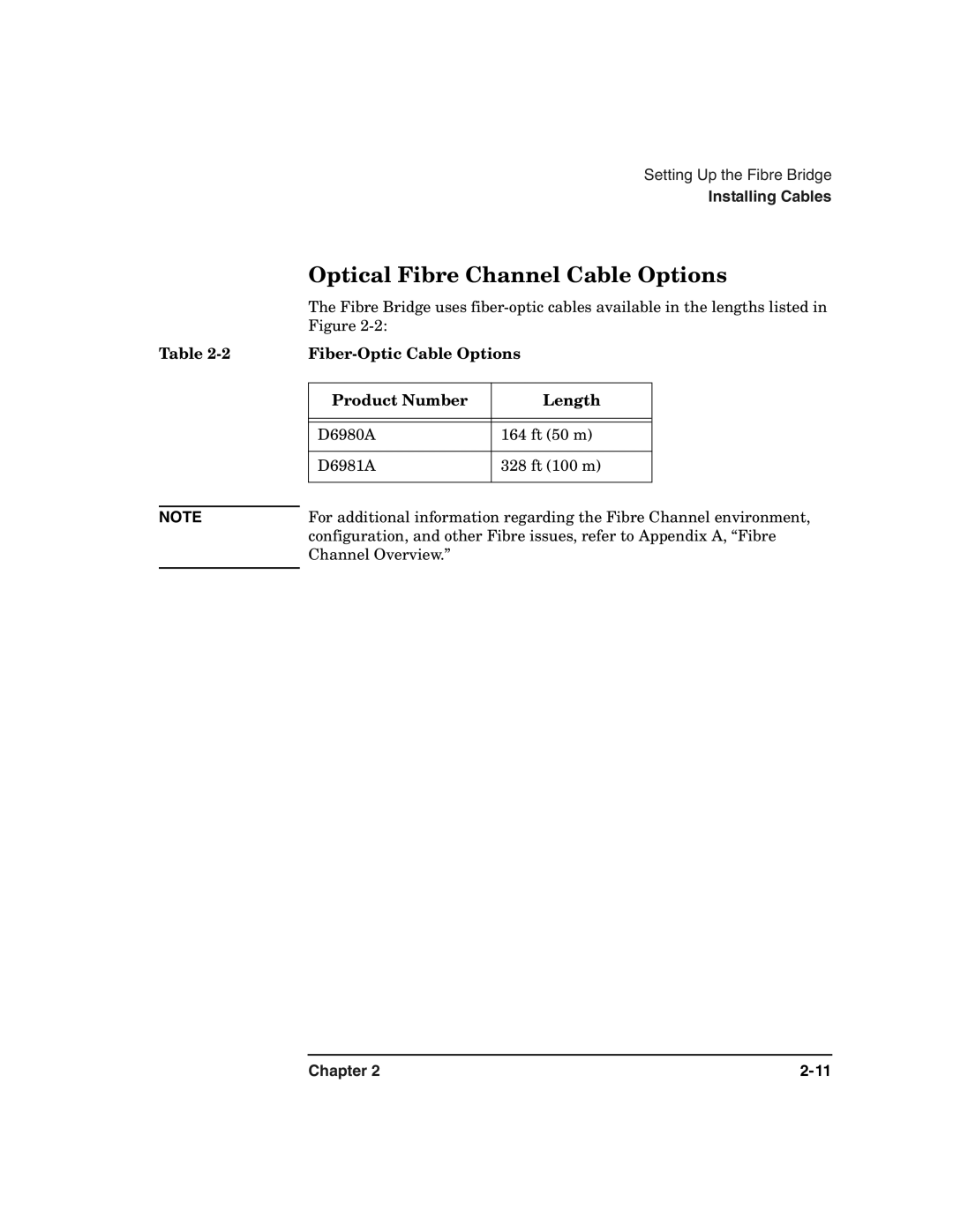 HP 2100 ER manual Optical Fibre Channel Cable Options, Fiber-Optic Cable Options, Product Number Length 