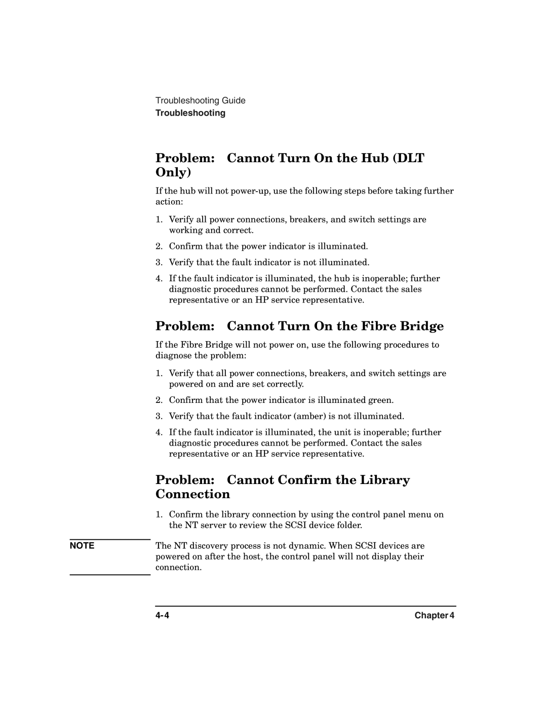 HP 2100 ER manual Problem Cannot Turn On the Hub DLT Only, Problem Cannot Turn On the Fibre Bridge, Connection 