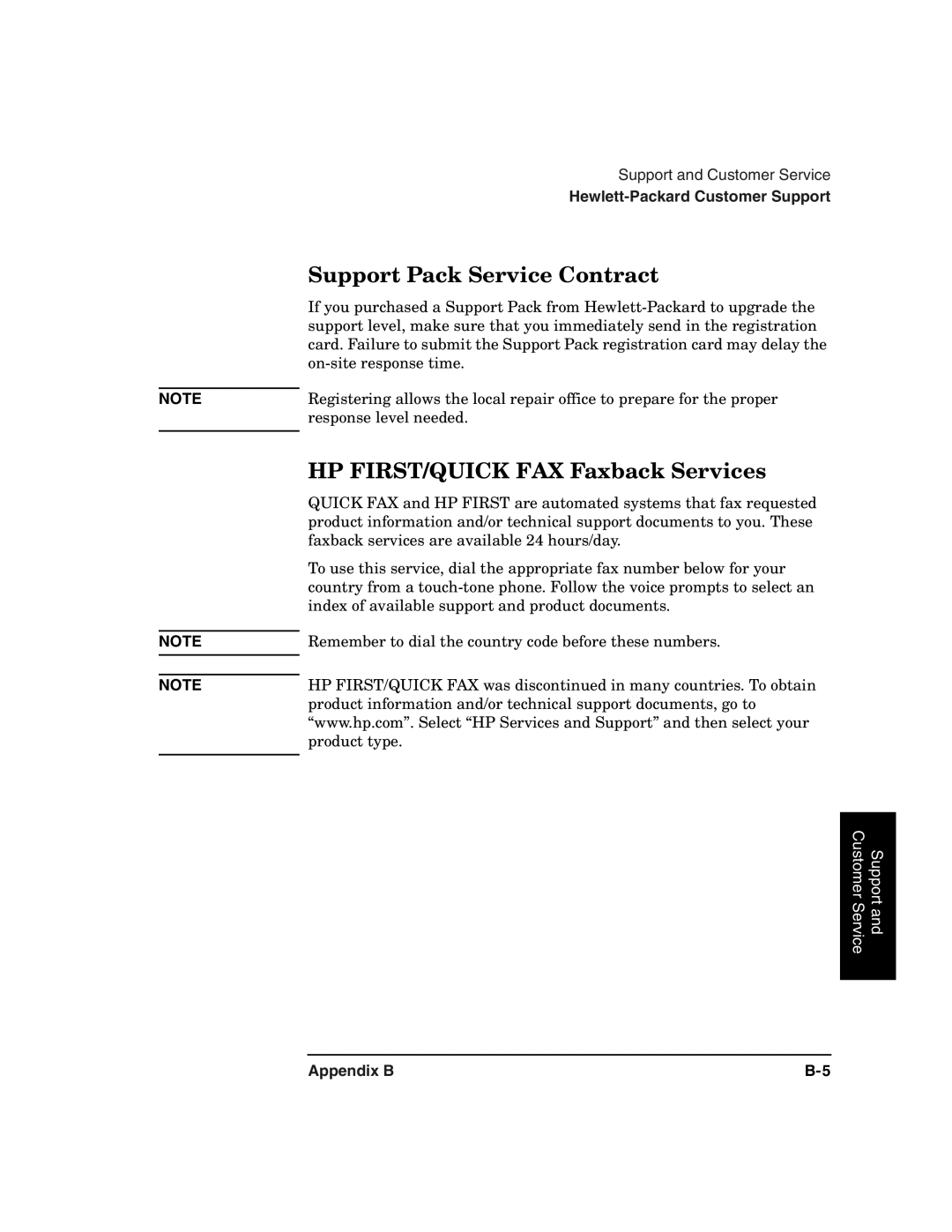 HP 2100 ER manual Support Pack Service Contract, HP FIRST/QUICK FAX Faxback Services 