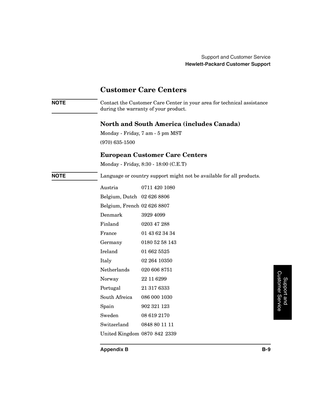 HP 2100 ER manual European Customer Care Centers 