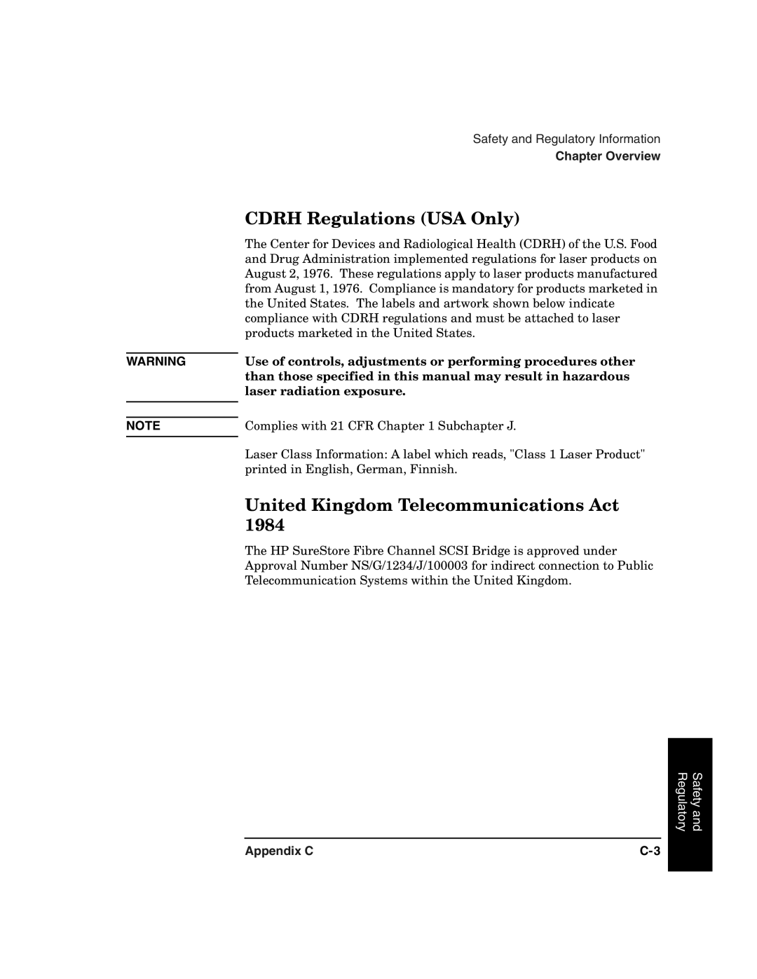 HP 2100 ER manual Cdrh Regulations USA Only, United Kingdom Telecommunications Act 