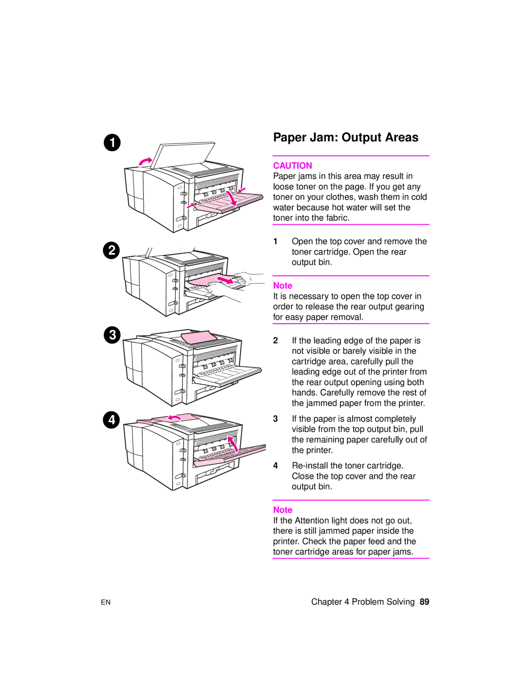 HP 2100 M, 2100 TN manual Paper Jam Output Areas 