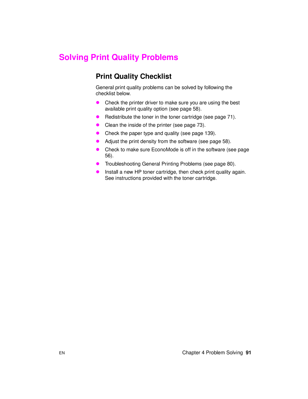 HP 2100 M, 2100 TN manual Solving Print Quality Problems, Print Quality Checklist 