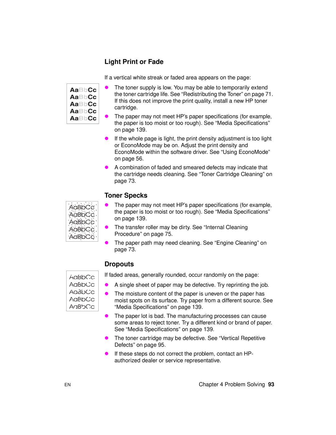 HP 2100 M, 2100 TN manual Light Print or Fade, Toner Specks, Dropouts 