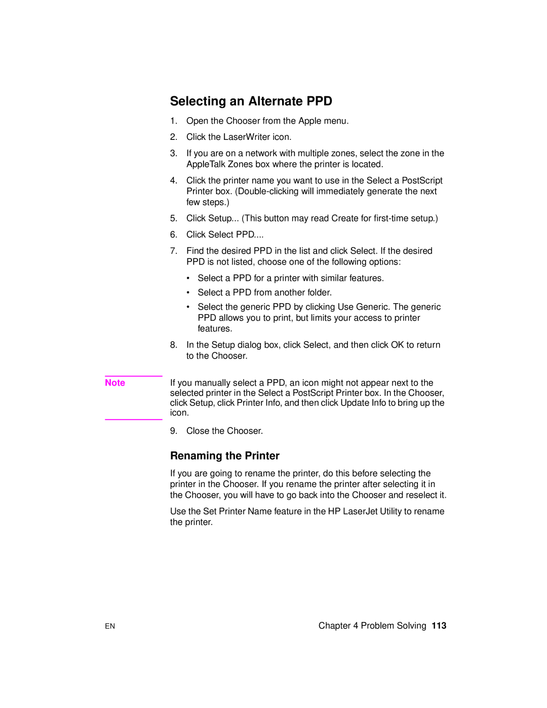 HP 2100 M, 2100 TN manual Selecting an Alternate PPD, Renaming the Printer 