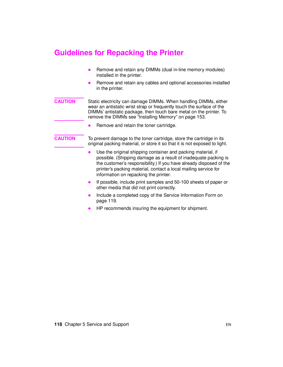 HP 2100 TN, 2100 M manual Guidelines for Repacking the Printer 