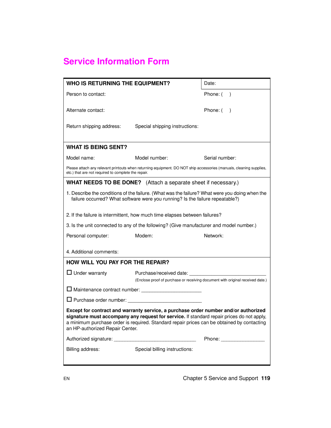 HP 2100 M, 2100 TN manual Service Information Form, WHO is Returning the EQUIPMENT? 