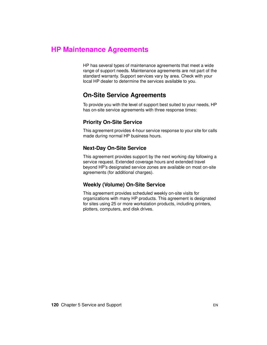 HP 2100 TN manual HP Maintenance Agreements, On-Site Service Agreements, Priority On-Site Service, Next-Day On-Site Service 