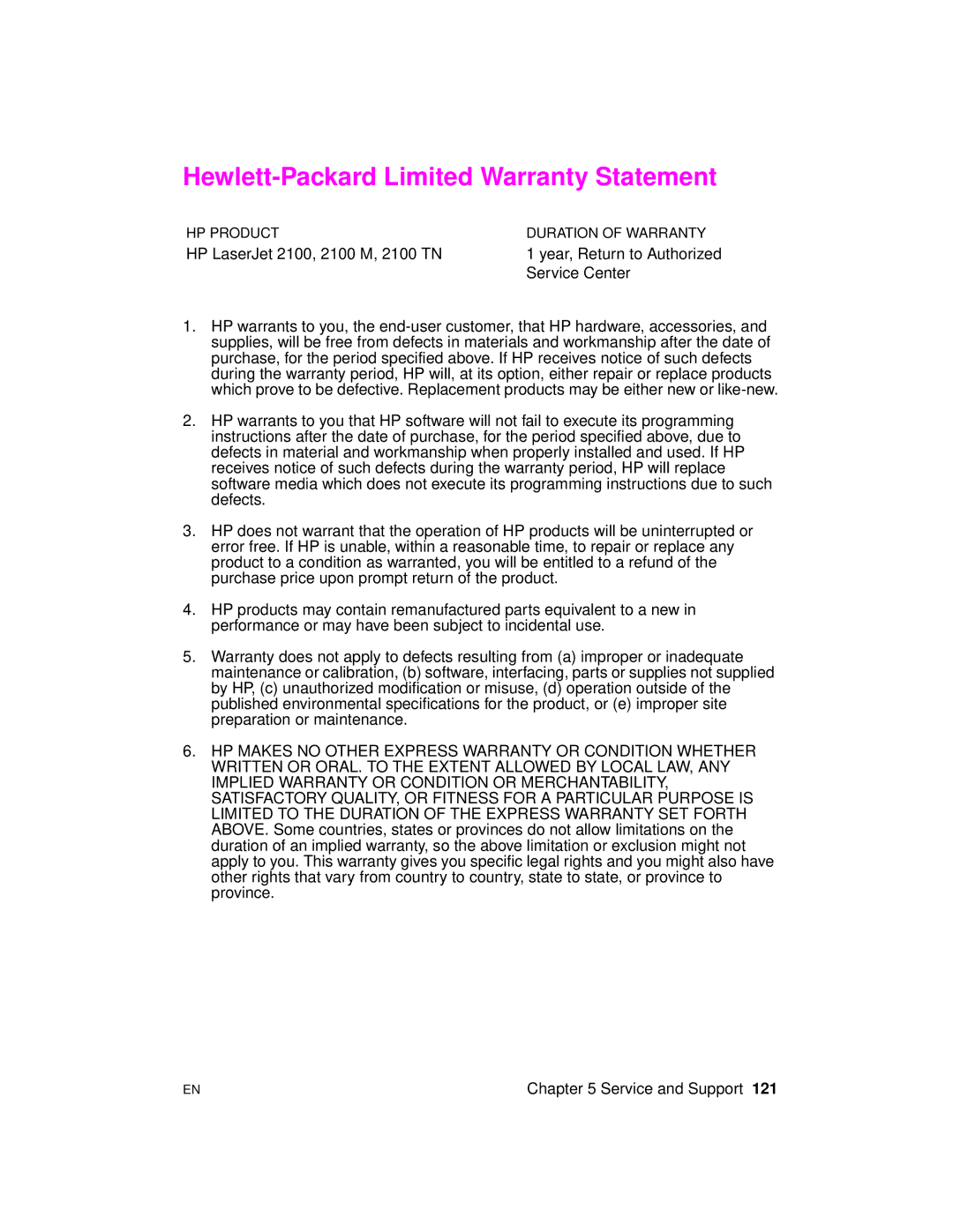 HP 2100 M, 2100 TN manual Hewlett-Packard Limited Warranty Statement 