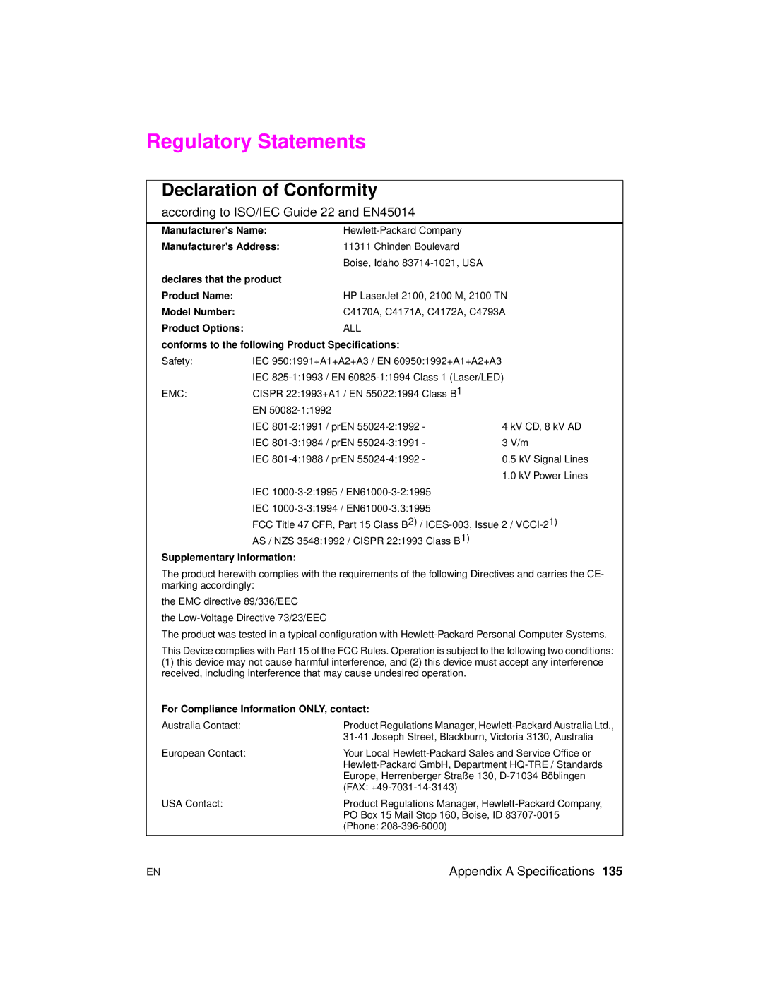 HP 2100 M, 2100 TN manual Regulatory Statements, Declaration of Conformity 