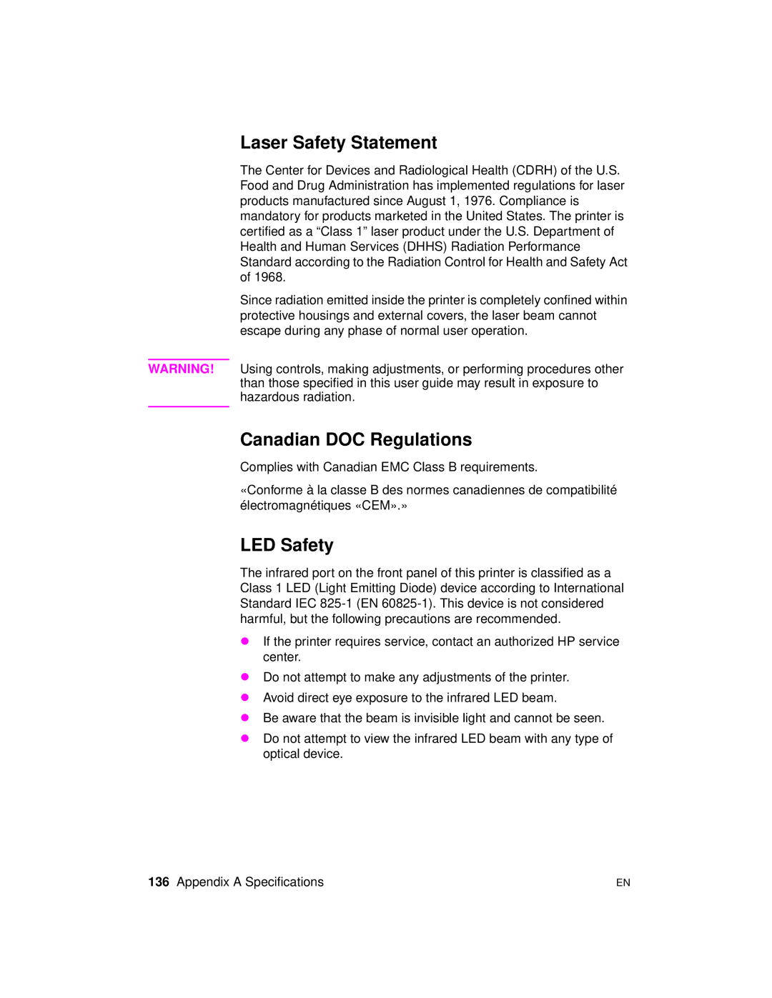 HP 2100 TN, 2100 M manual Laser Safety Statement, Canadian DOC Regulations, LED Safety 