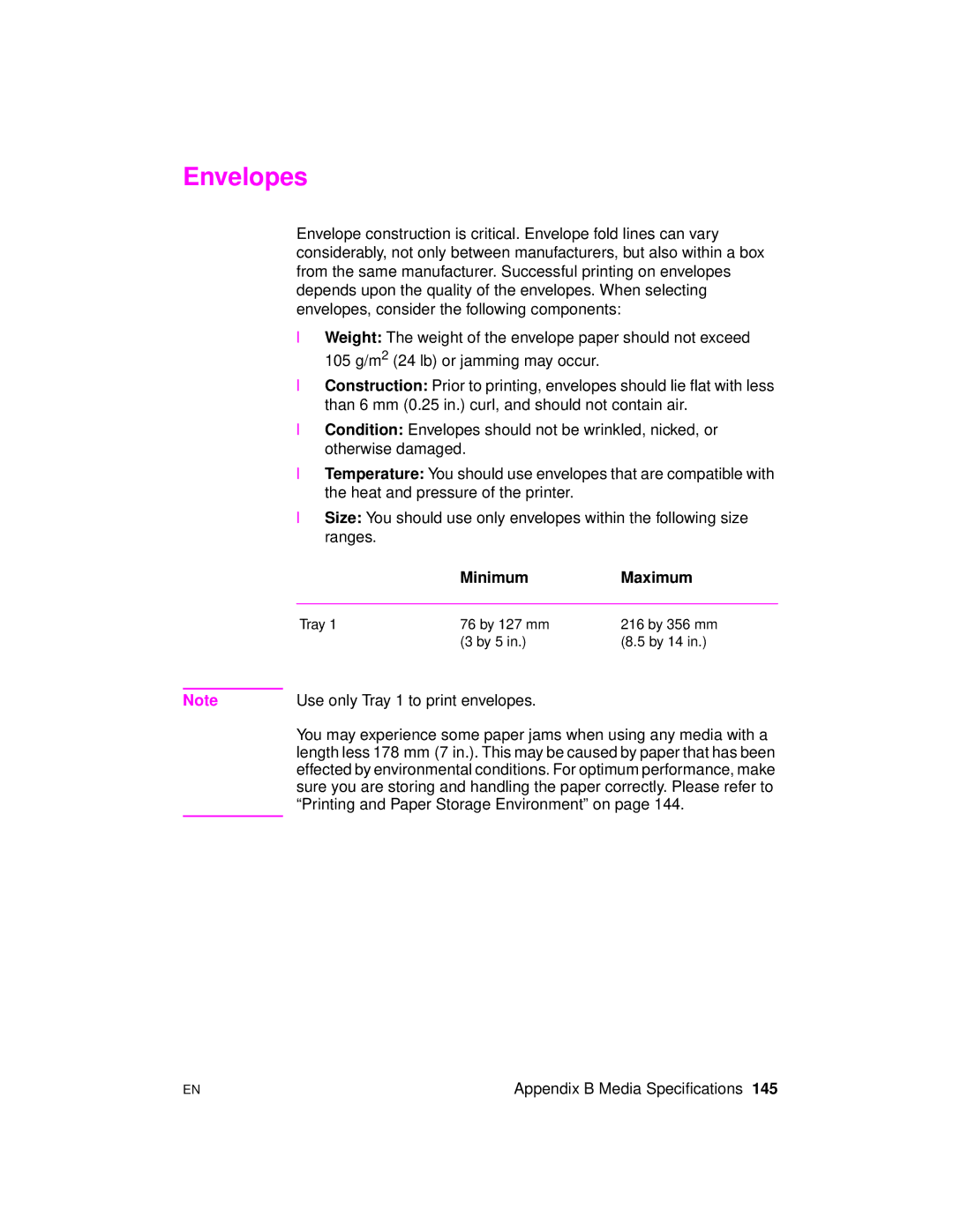 HP 2100 M, 2100 TN manual Envelopes, Minimum Maximum 