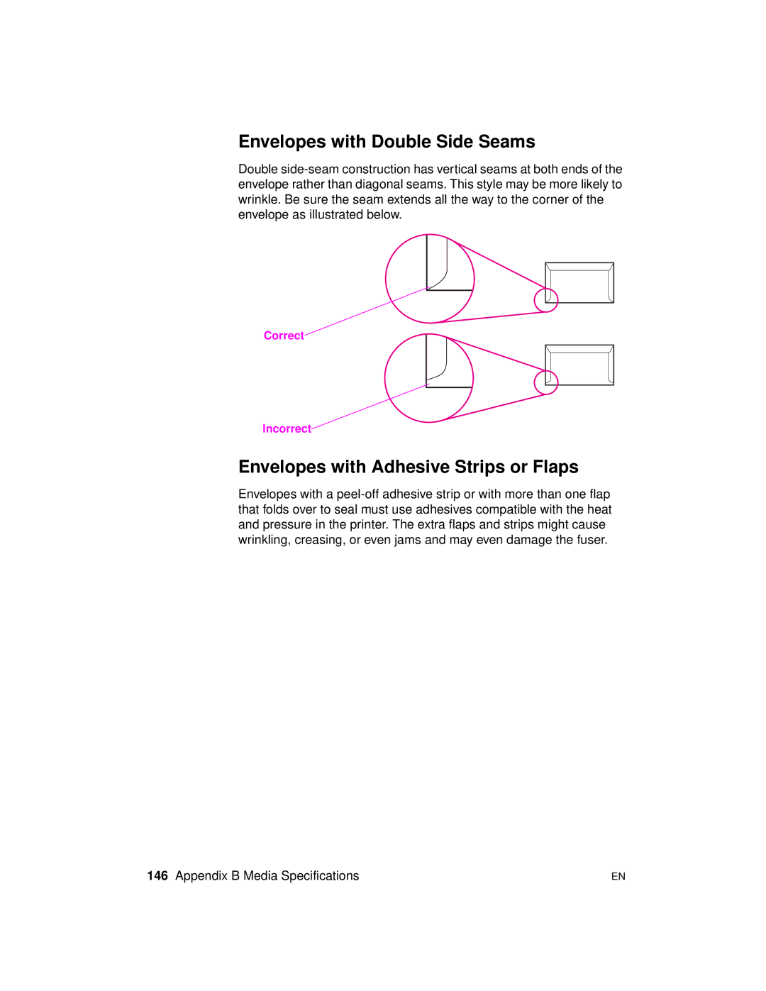 HP 2100 TN, 2100 M manual Envelopes with Double Side Seams, Envelopes with Adhesive Strips or Flaps 