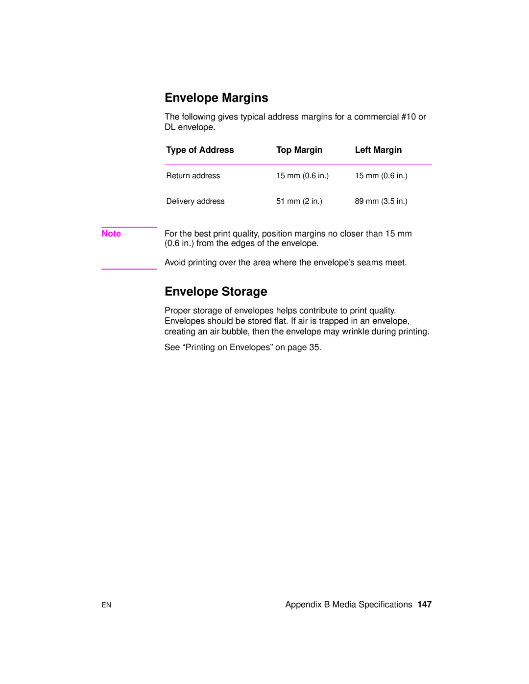 HP 2100 M, 2100 TN manual Envelope Margins, Envelope Storage, Type of Address Top Margin Left Margin 