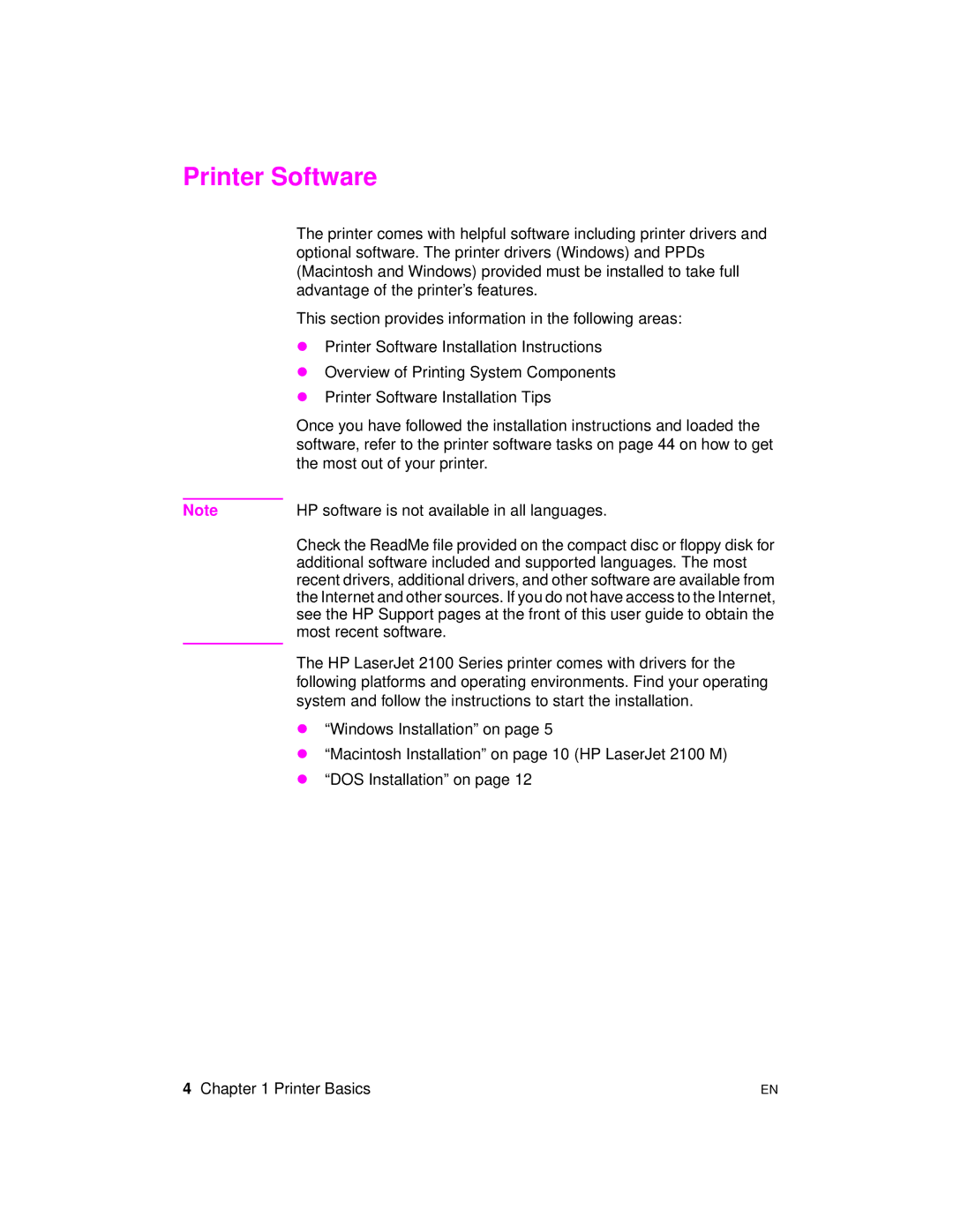 HP 2100 TN, 2100 M manual Printer Software 