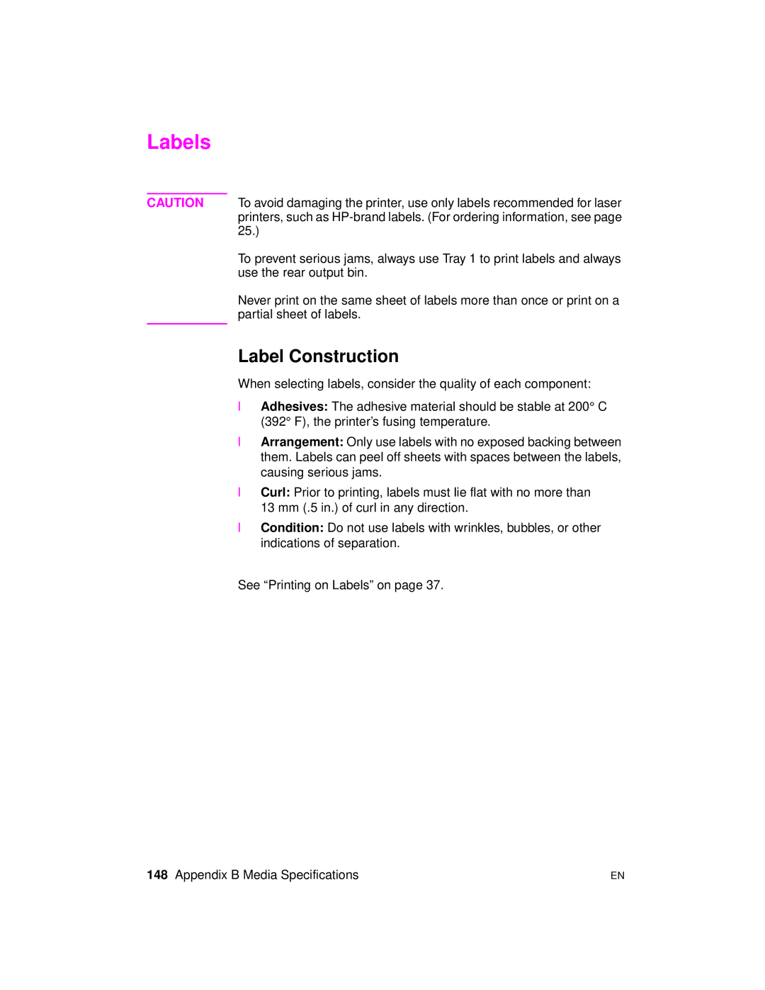 HP 2100 TN, 2100 M manual Labels, Label Construction 