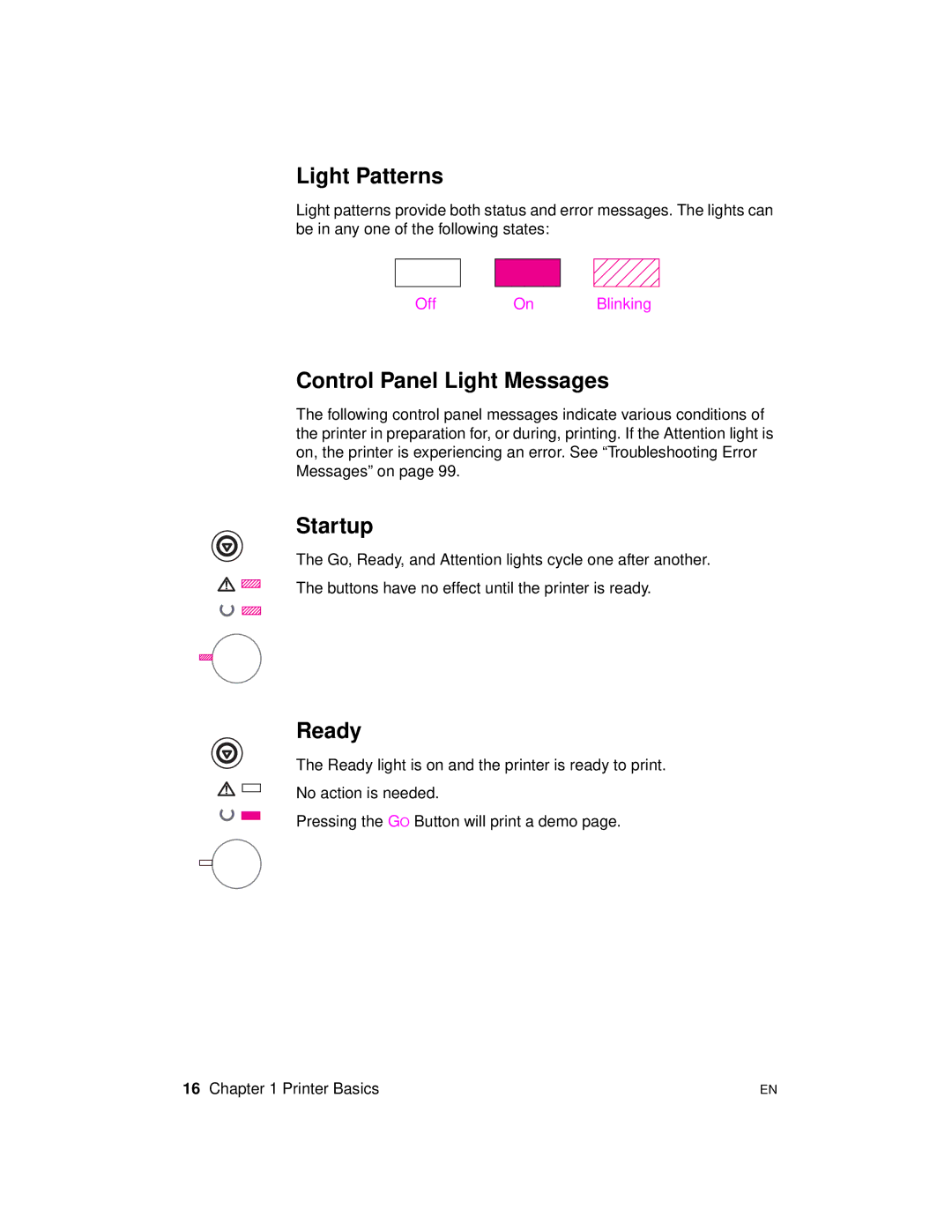 HP 2100 TN, 2100 M manual Light Patterns, Control Panel Light Messages, Startup, Ready 