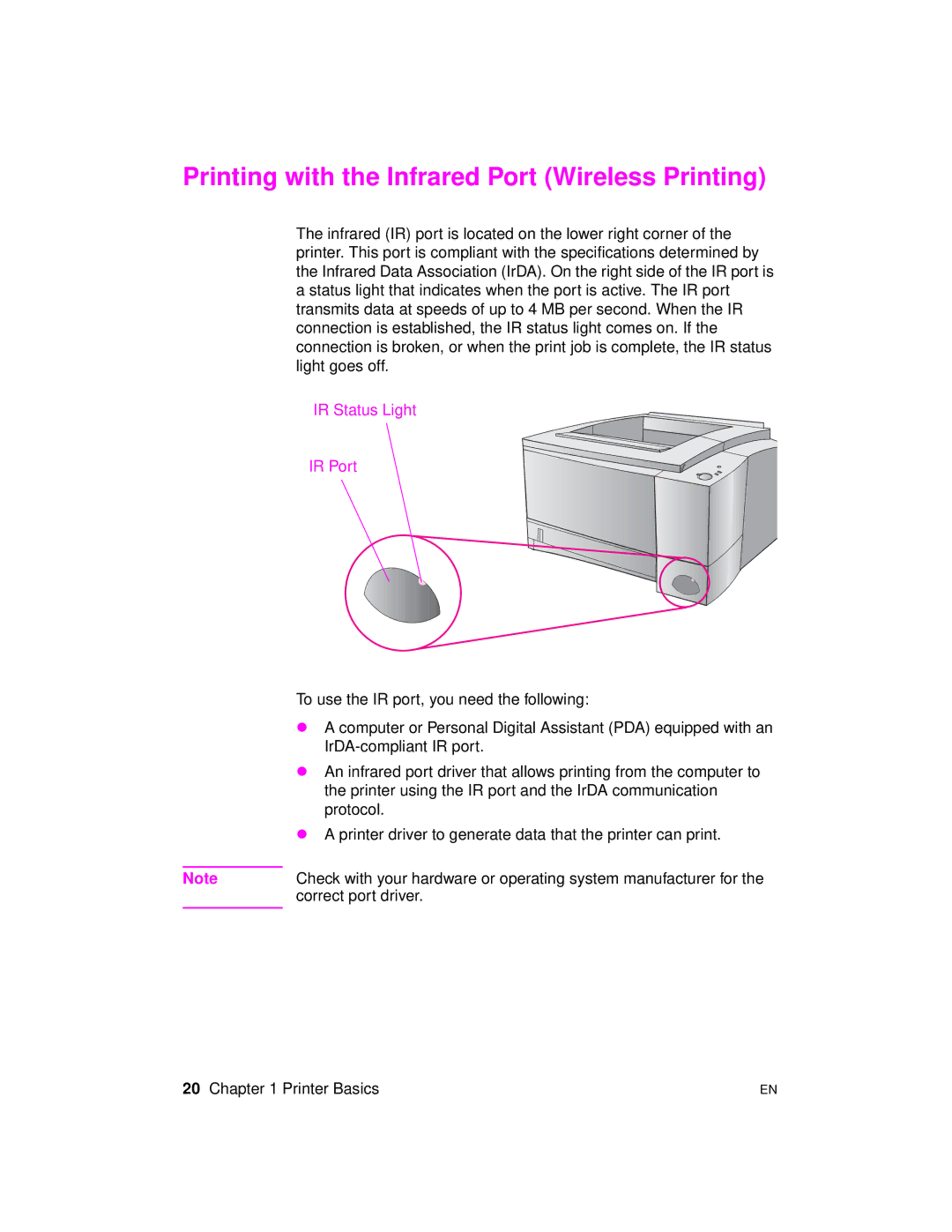 HP 2100 TN, 2100 M manual Printing with the Infrared Port Wireless Printing, IR Status Light IR Port 