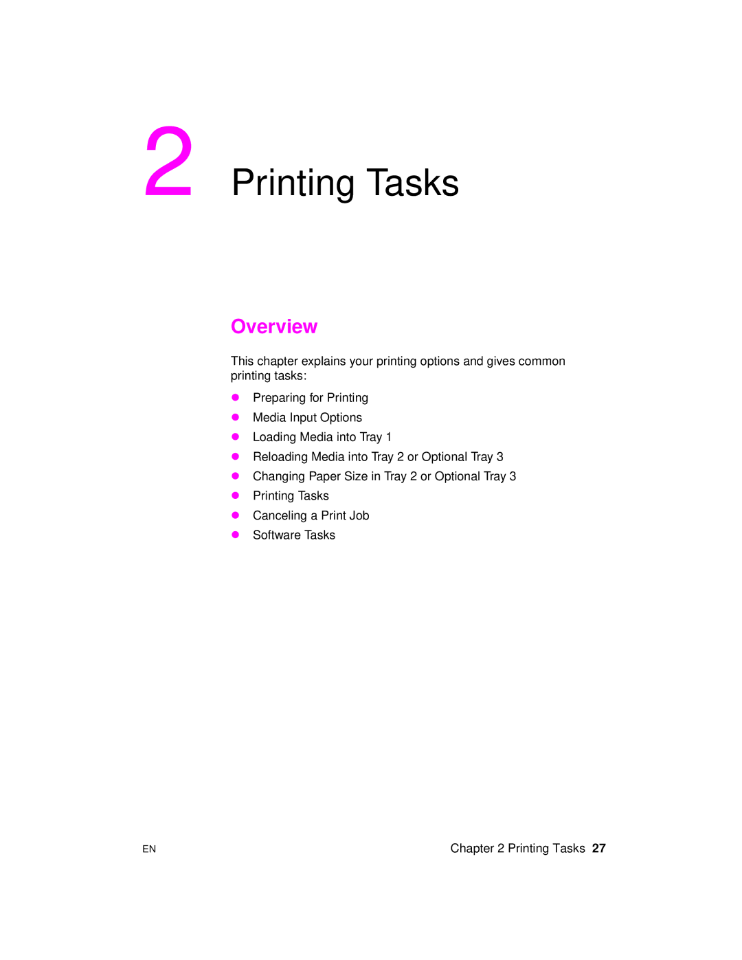 HP 2100 M, 2100 TN manual Printing Tasks, Overview 