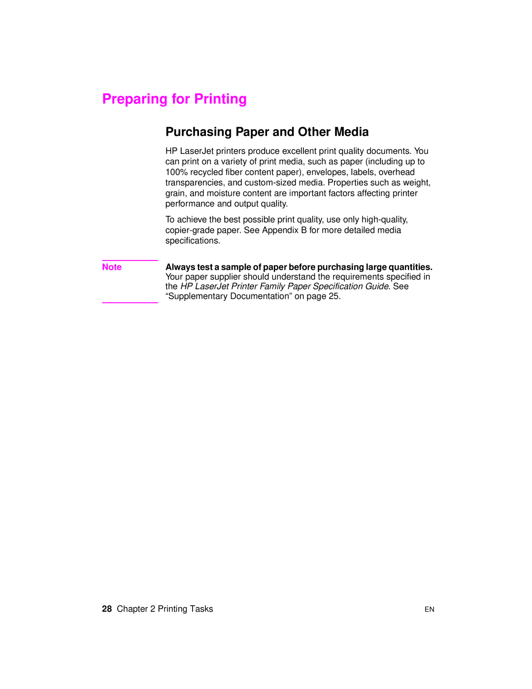 HP 2100 TN, 2100 M manual Preparing for Printing, Purchasing Paper and Other Media 