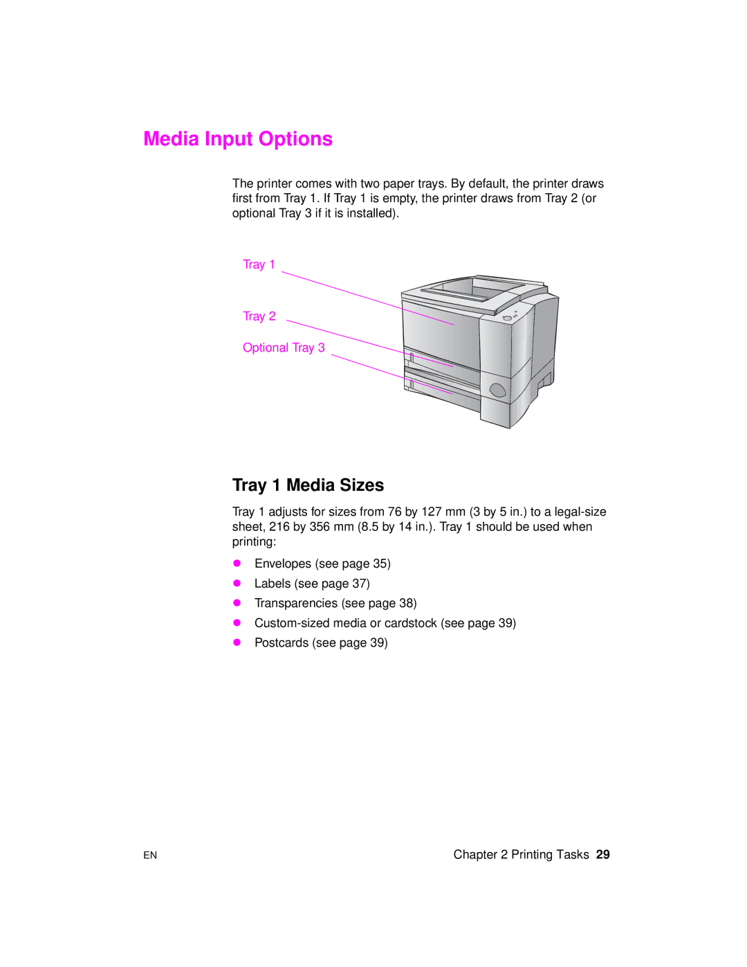 HP 2100 M, 2100 TN manual Media Input Options, Tray 1 Media Sizes 