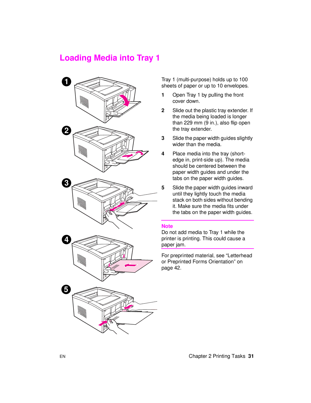 HP 2100 M, 2100 TN manual Loading Media into Tray 