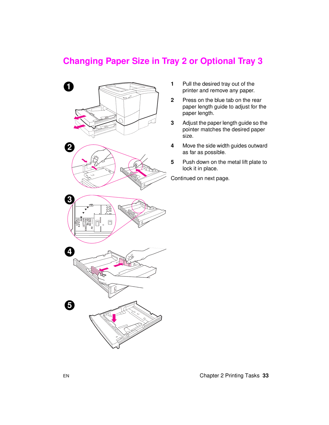 HP 2100 M, 2100 TN manual Changing Paper Size in Tray 2 or Optional Tray 