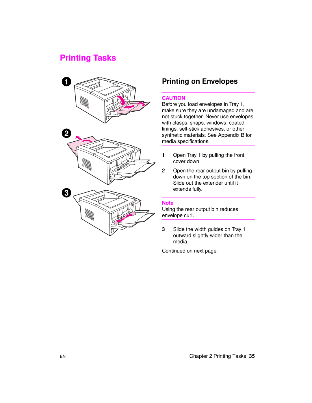 HP 2100 M, 2100 TN manual Printing Tasks, Printing on Envelopes 