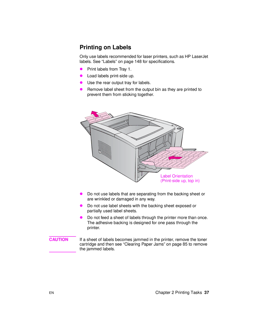 HP 2100 M, 2100 TN manual Printing on Labels, Print-side up, top 