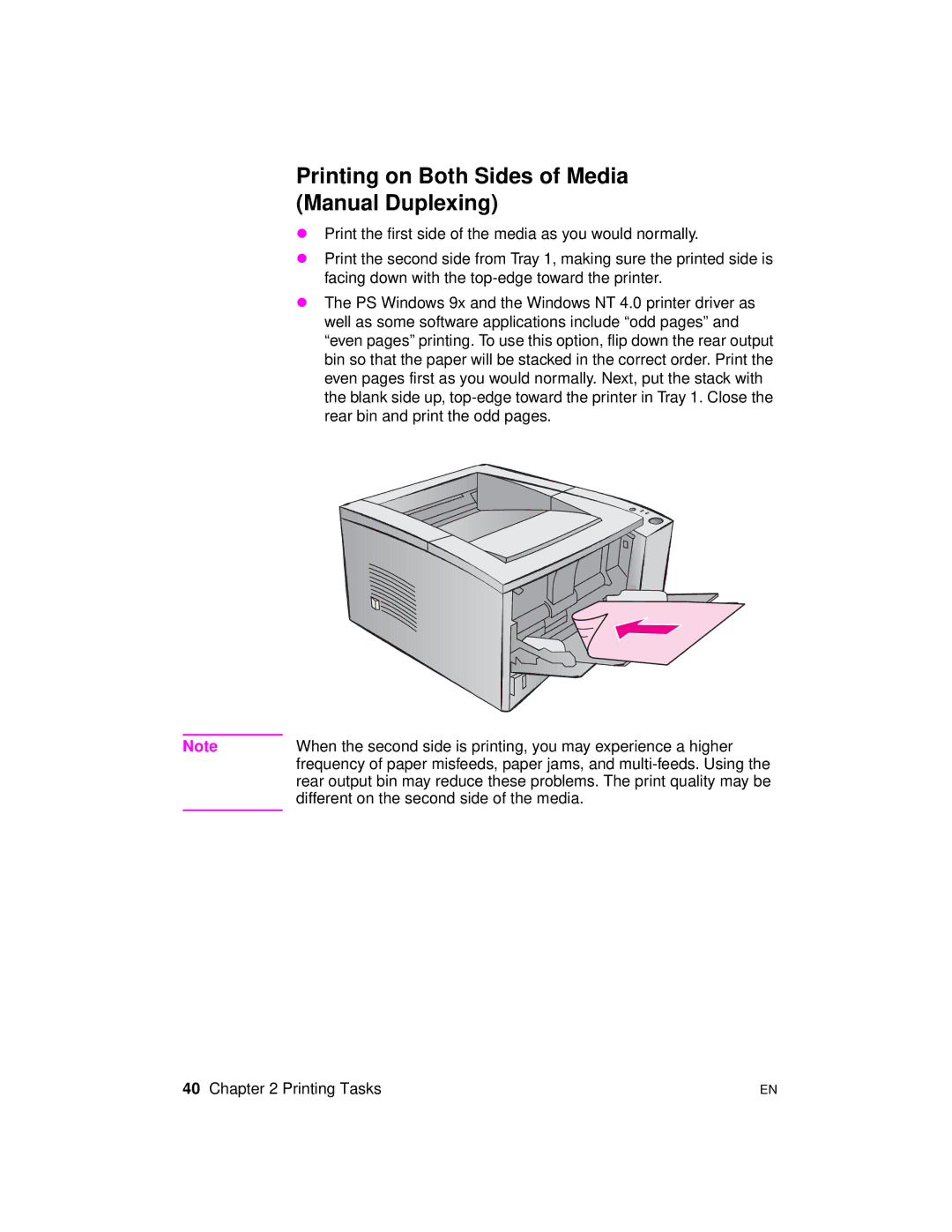 HP 2100 TN, 2100 M manual Printing on Both Sides of Media Manual Duplexing 