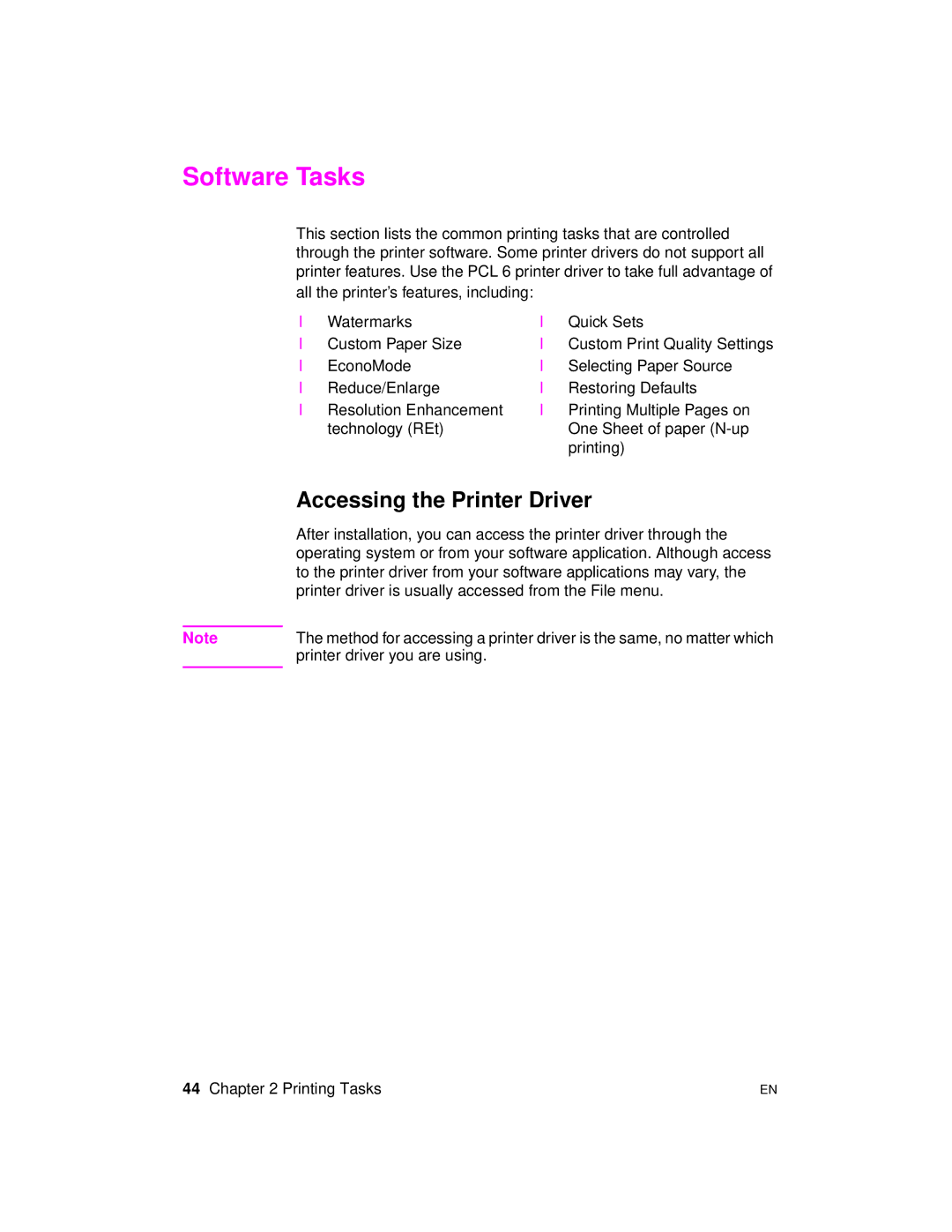 HP 2100 TN, 2100 M manual Software Tasks, Accessing the Printer Driver 