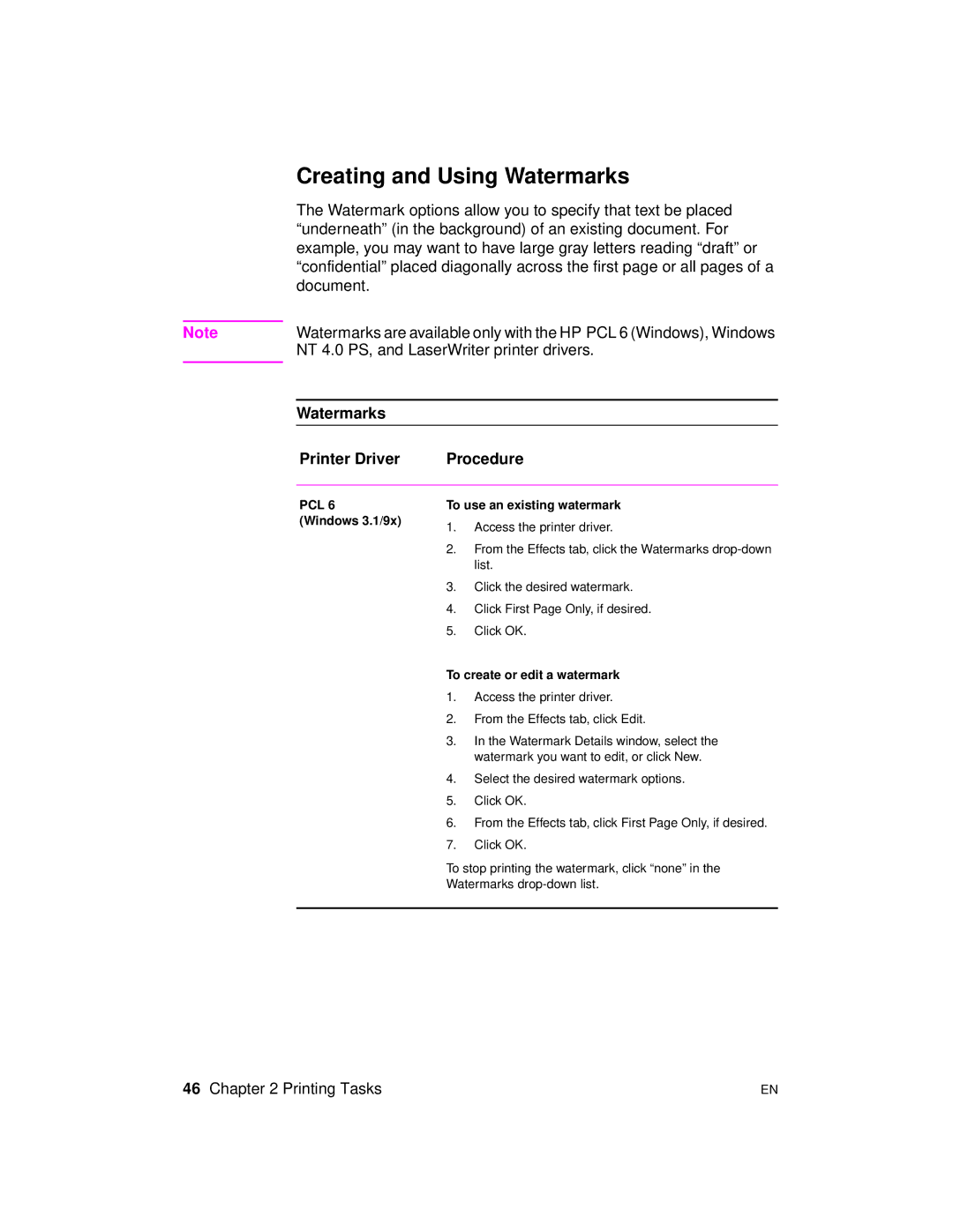 HP 2100 TN Creating and Using Watermarks, Watermarks Printer Driver Procedure, Windows 3.1/9x To use an existing watermark 